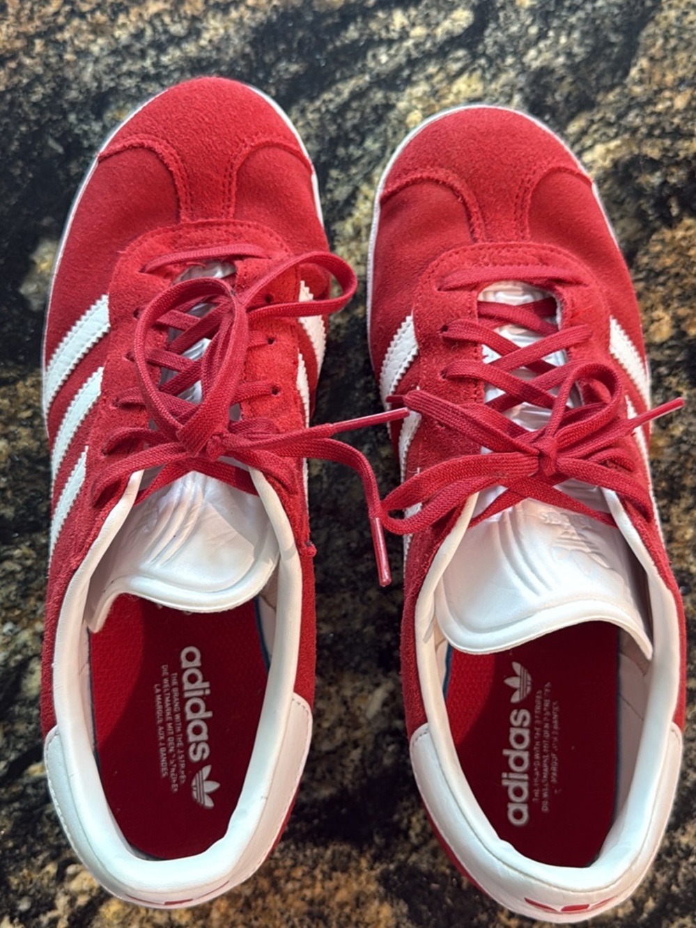 adidas Women’s Red Suede Sneakers with White Stripes - Picture 4 of 6